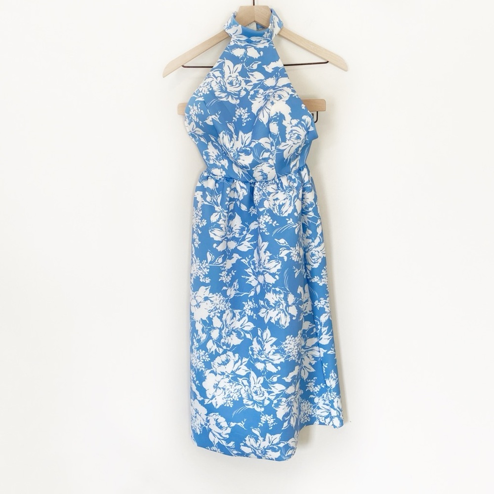 NWT ASOS Design Blue & White Floral Halter Midi Skater Fit & Flare Dress size 0 - Picture 5 of 10